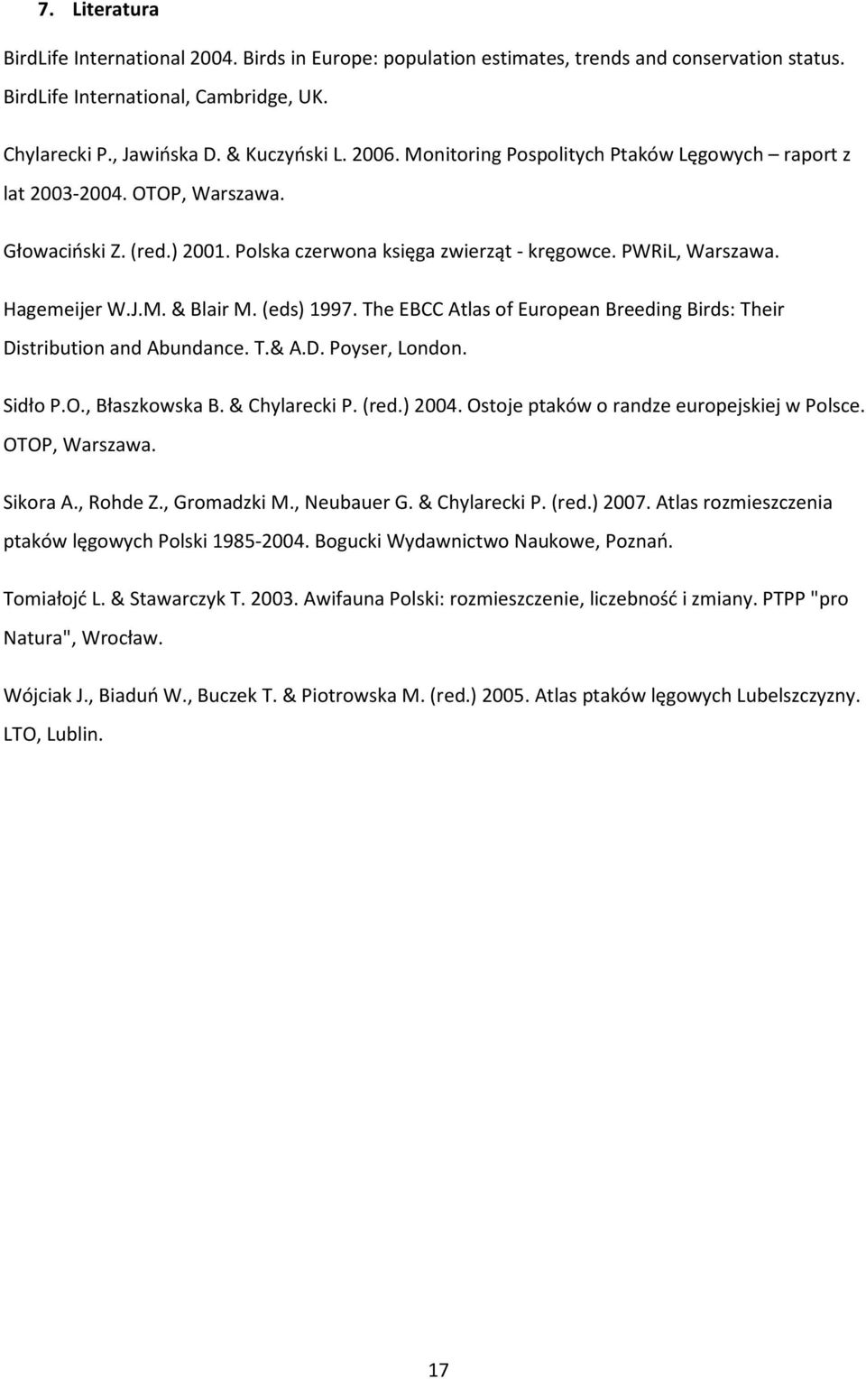 (eds) 1997. The EBCC Atlas of European Breeding Birds: Their Distribution and Abundance. T.& A.D. Poyser, London. Sidło P.O., Błaszkowska B. & Chylarecki P. (red.) 2004.
