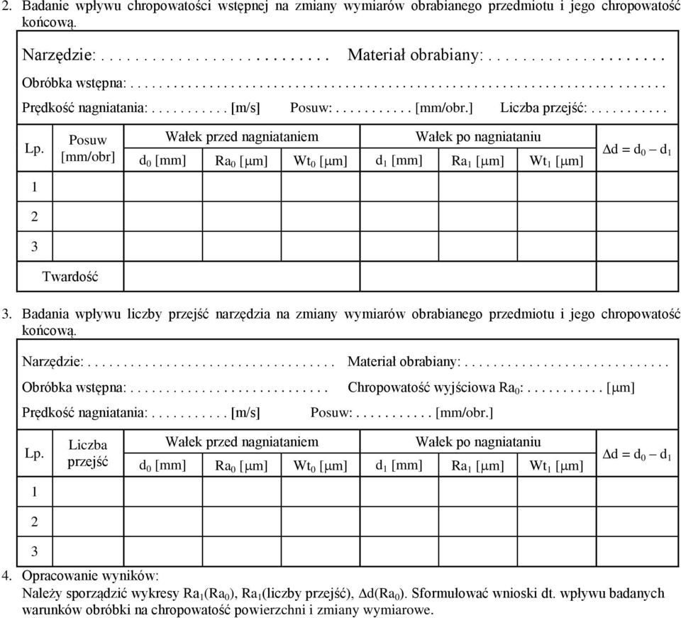 Posuw [mm/obr] Wałek przed nagniataniem Wałek po nagniataniu d 0 [mm] Ra 0 [ m] Wt 0 [ m] d 1 [mm] Ra 1 [ m] Wt 1 [ m] d = d 0 d 1 1 2 3 Twardość 3.