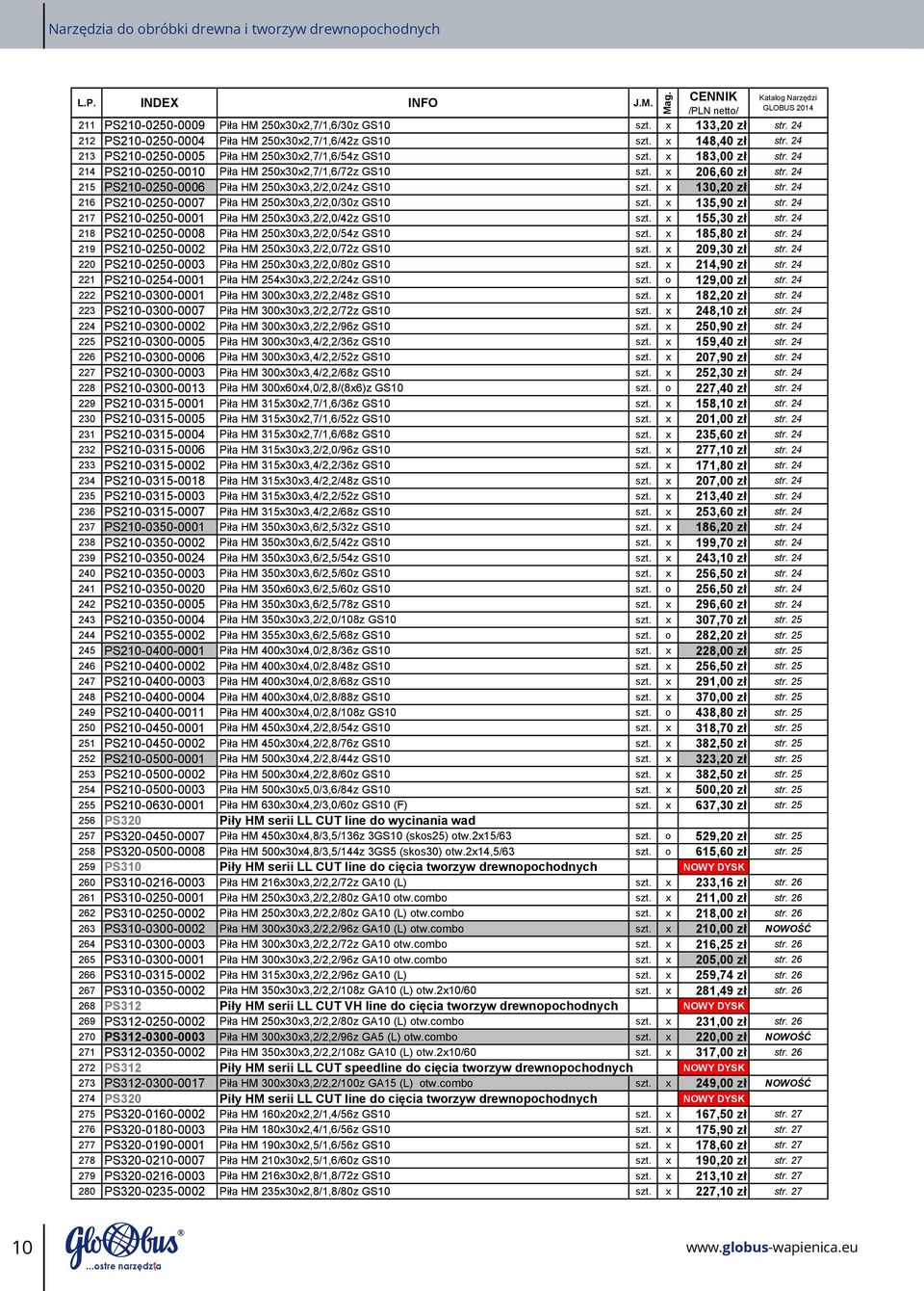 24 215 PS210 0250 0006 Piła HM 250x30x3,2/2,0/24z GS10 szt. x 130,20 zł str. 24 216 PS210 0250 0007 Piła HM 250x30x3,2/2,0/30z GS10 szt. x 135,90 zł str.