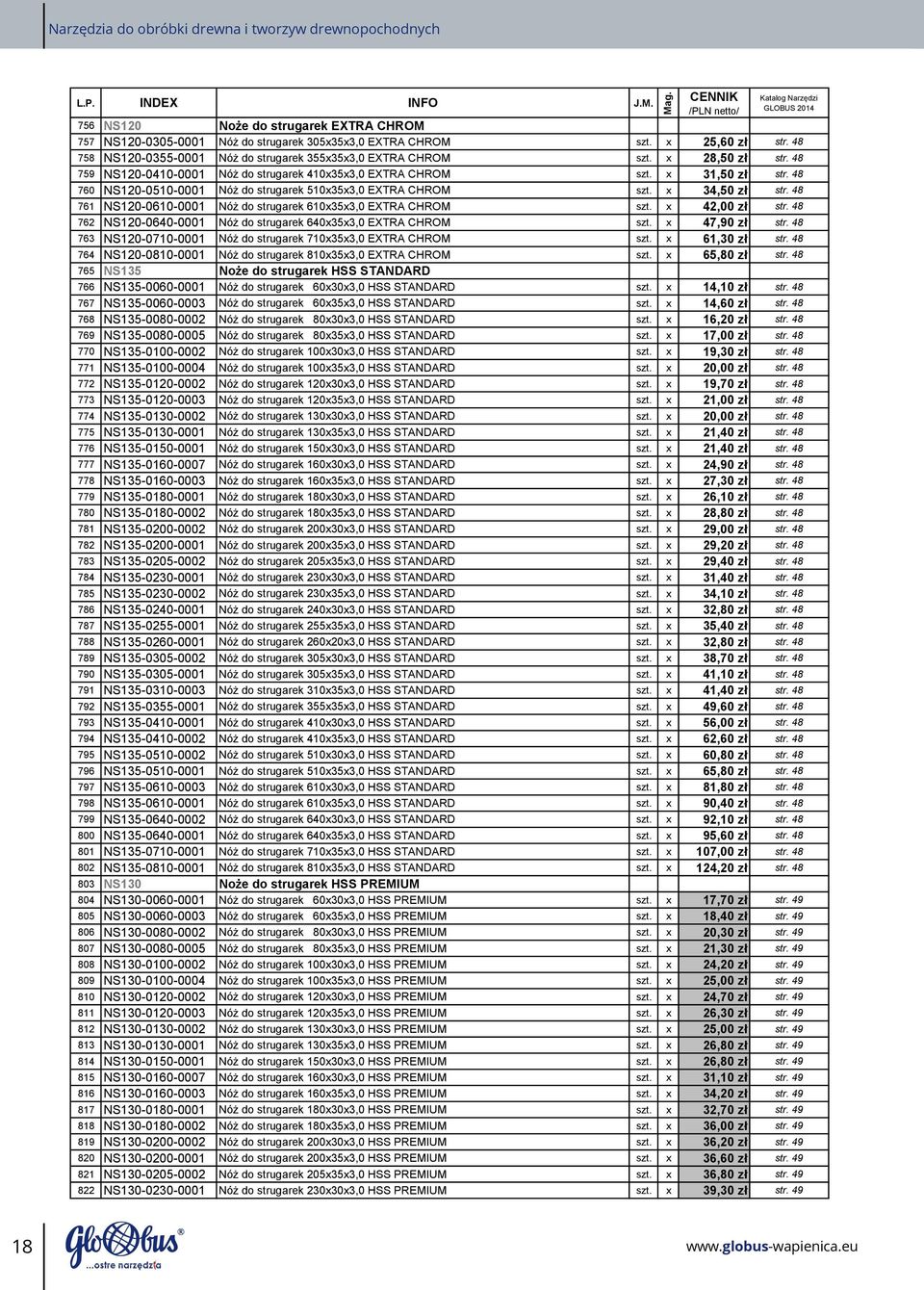 48 760 NS120 0510 0001 Nóż do strugarek 510x35x3,0 EXTRA CHROM szt. x 34,50 zł str. 48 761 NS120 0610 0001 Nóż do strugarek 610x35x3,0 EXTRA CHROM szt. x 42,00 zł str.