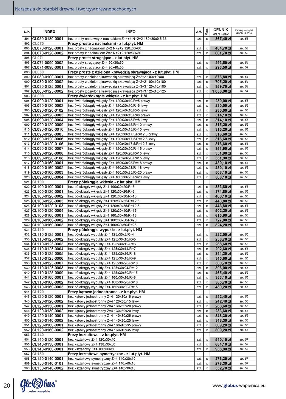 53 894 CL070 0120 0002 frez prosty z nacinakiem Z=2 N=2+2 120x30x80 szt. x 601,70 zł str. 53 895 CL071 Frezy proste strugające z lut.płyt.