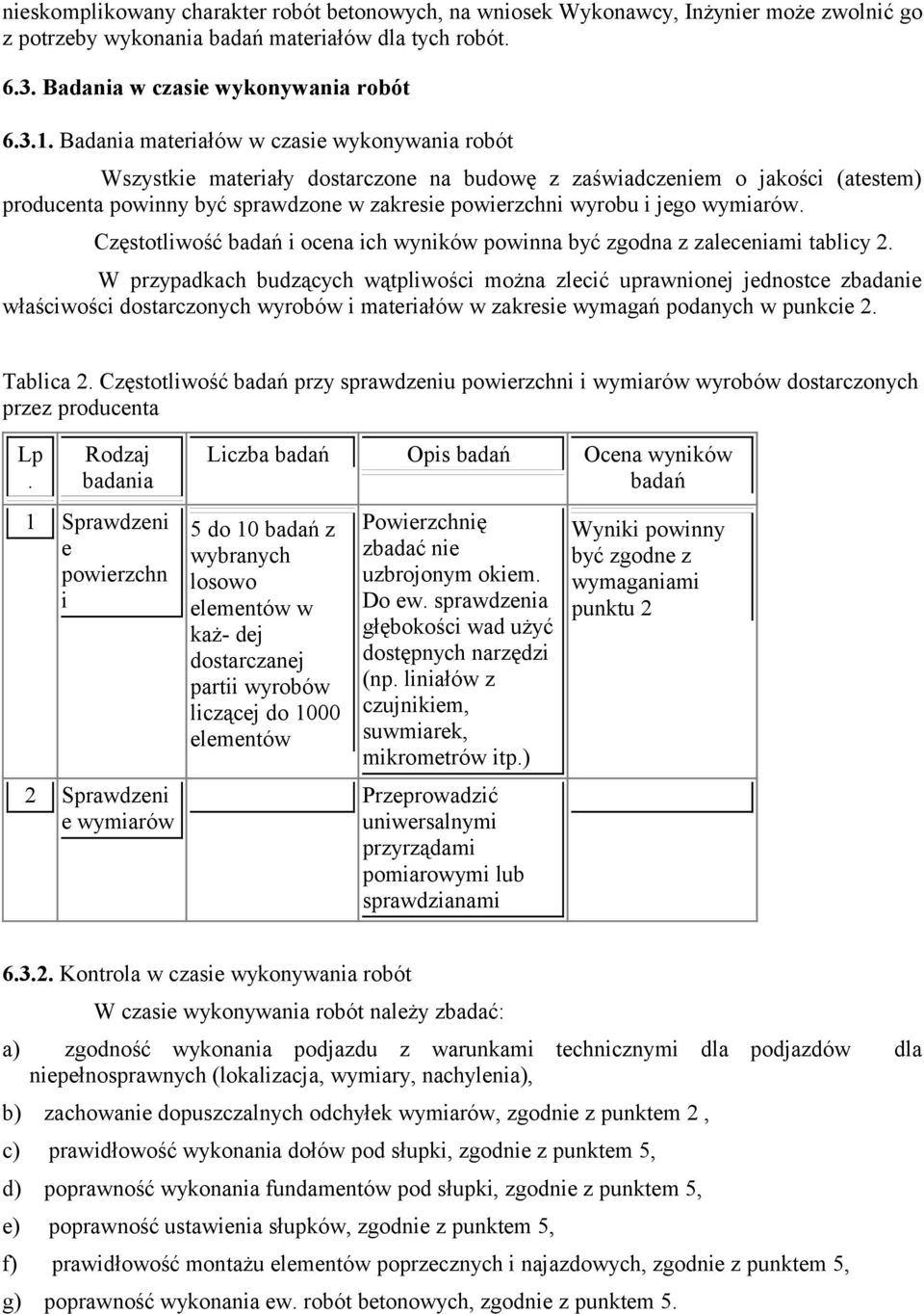 wymiarów. Częstotliwość badań i ocena ich wyników powinna być zgodna z zaleceniami tablicy 2.