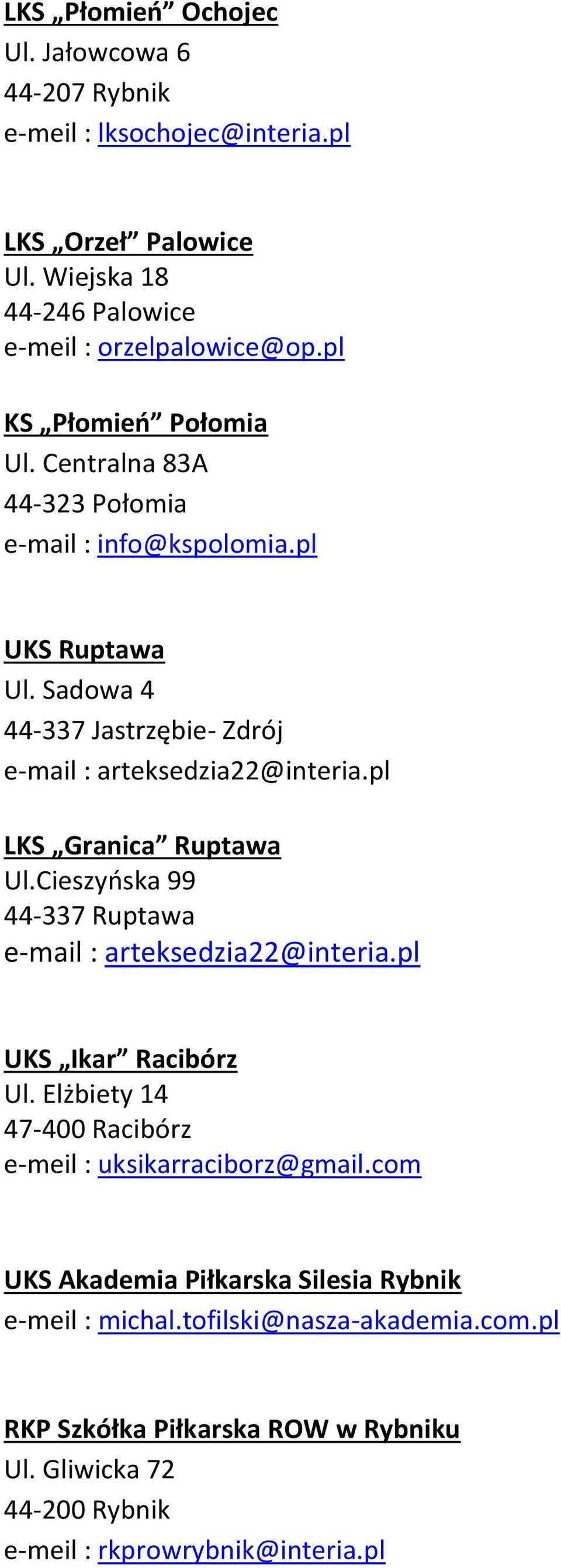 pl LKS Granica Ruptawa Ul.Cieszyńska 99 44-337 Ruptawa e-mail : arteksedzia22@interia.pl UKS Ikar Racibórz Ul. Elżbiety 14 47-400 Racibórz e-meil : uksikarraciborz@gmail.