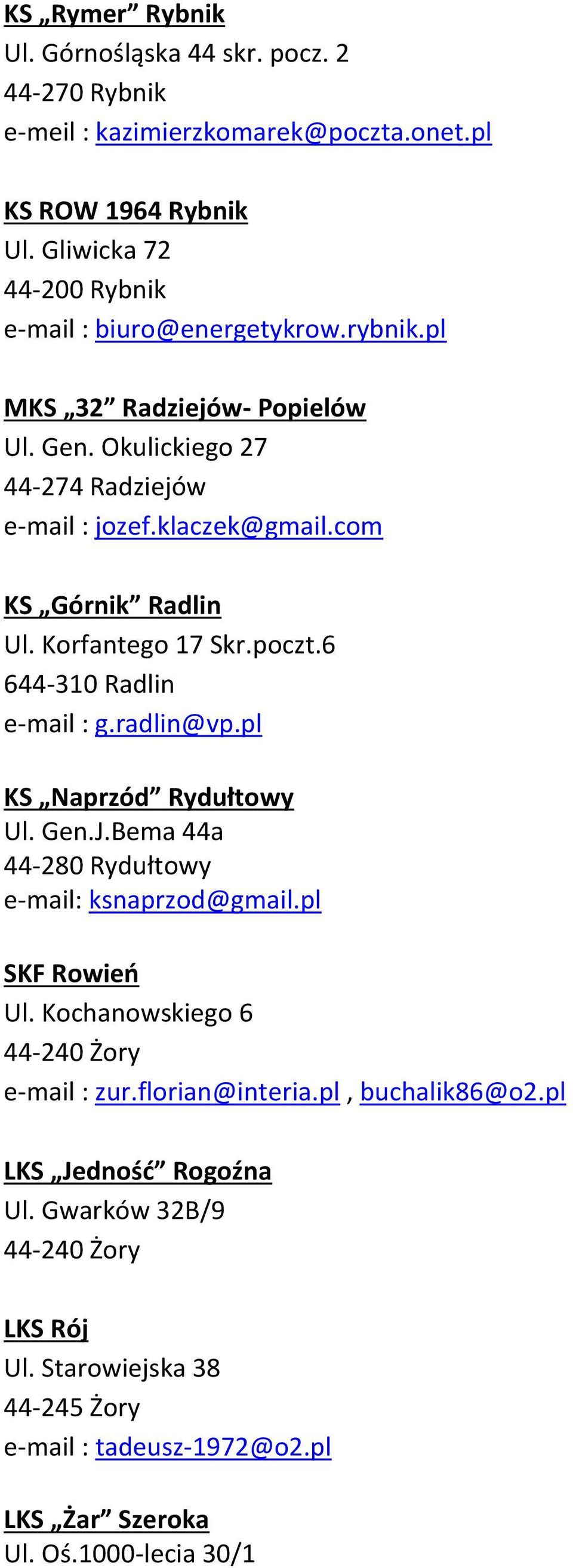 com KS Górnik Radlin Ul. Korfantego 17 Skr.poczt.6 644-310 Radlin e-mail : g.radlin@vp.pl KS Naprzód Rydułtowy Ul. Gen.J.Bema 44a 44-280 Rydułtowy e-mail: ksnaprzod@gmail.