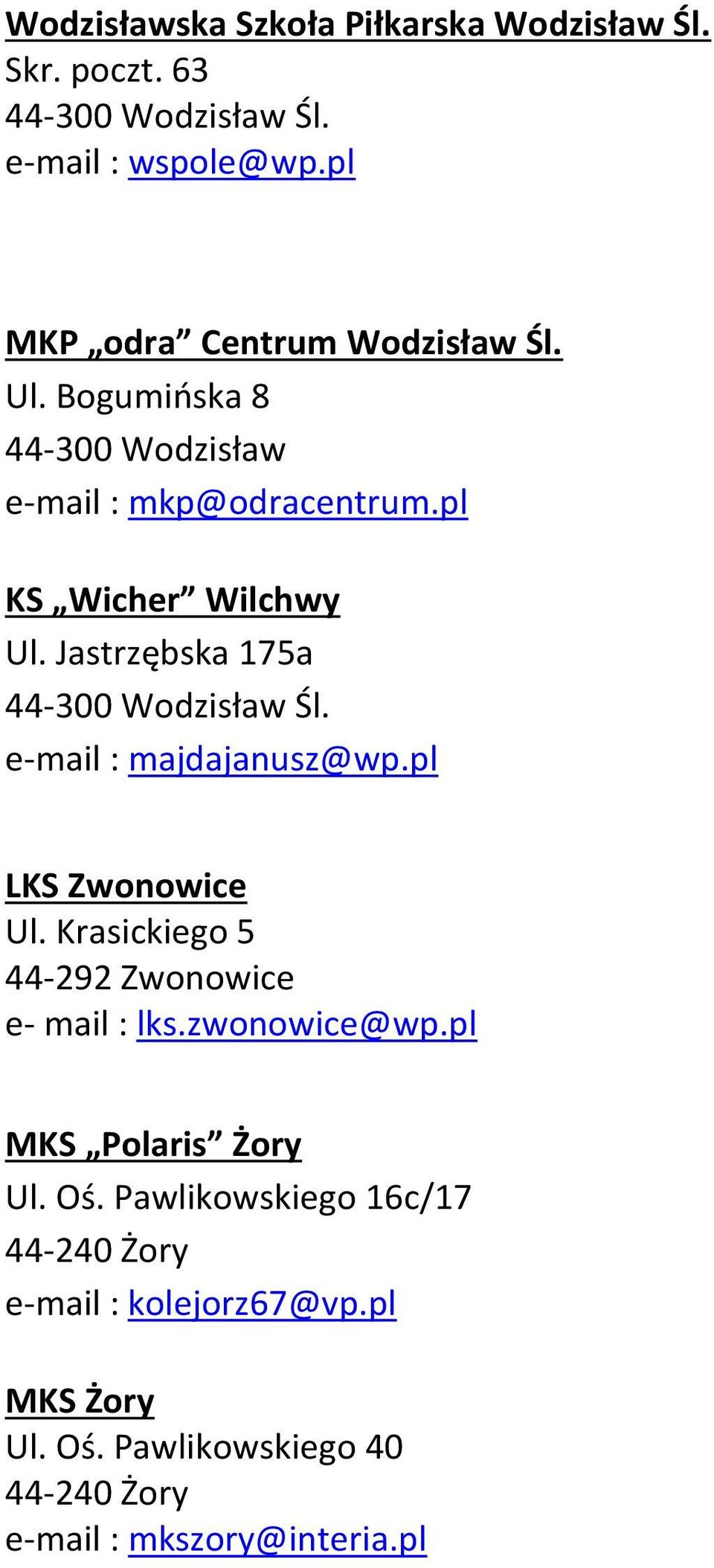 Jastrzębska 175a 44-300 Wodzisław Śl. e-mail : majdajanusz@wp.pl LKS Zwonowice Ul.