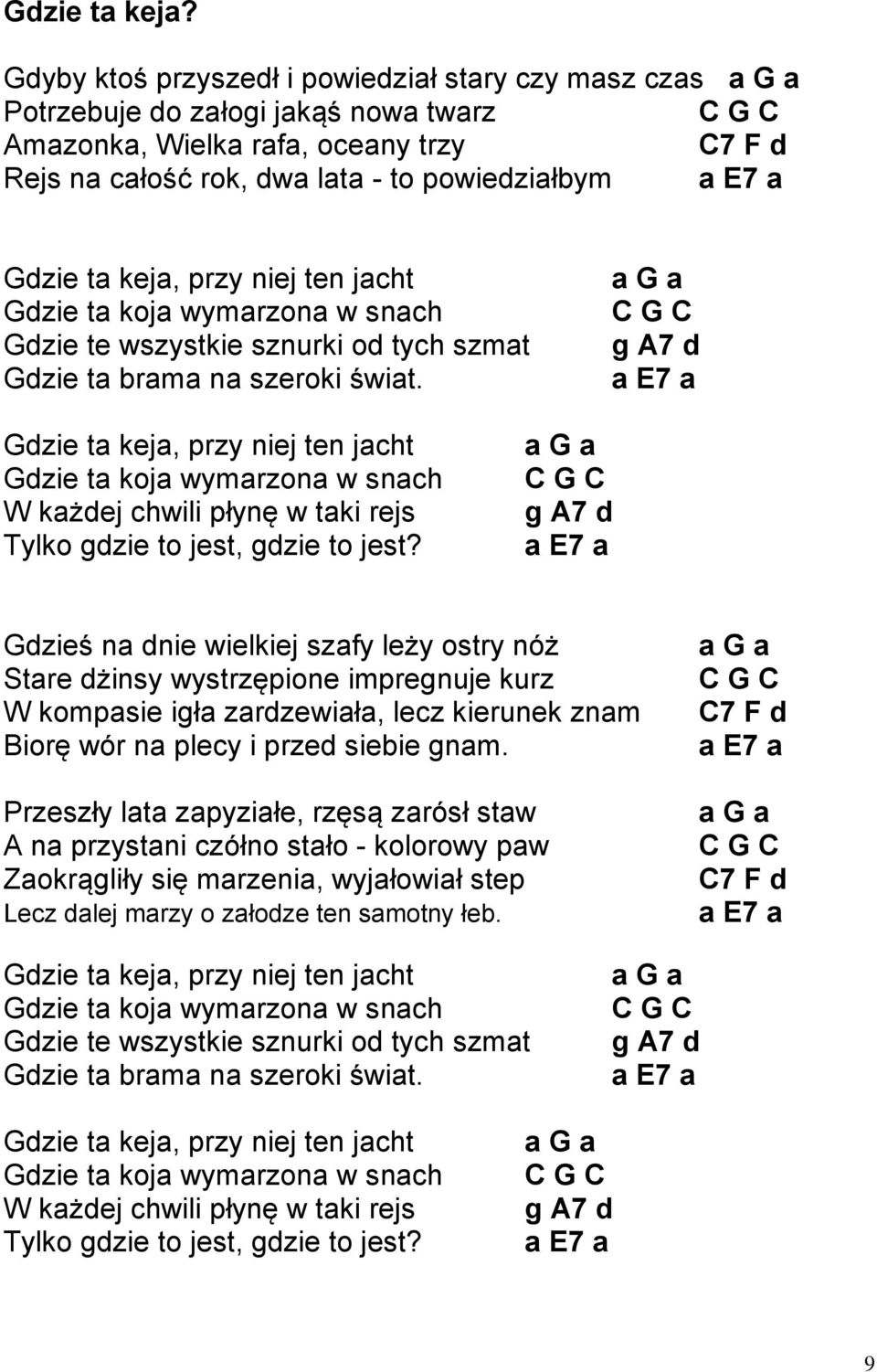 a Gdzie ta keja, przy niej ten jacht Gdzie ta koja wymarzona w snach Gdzie te wszystkie sznurki od tych szmat Gdzie ta brama na szeroki świat.