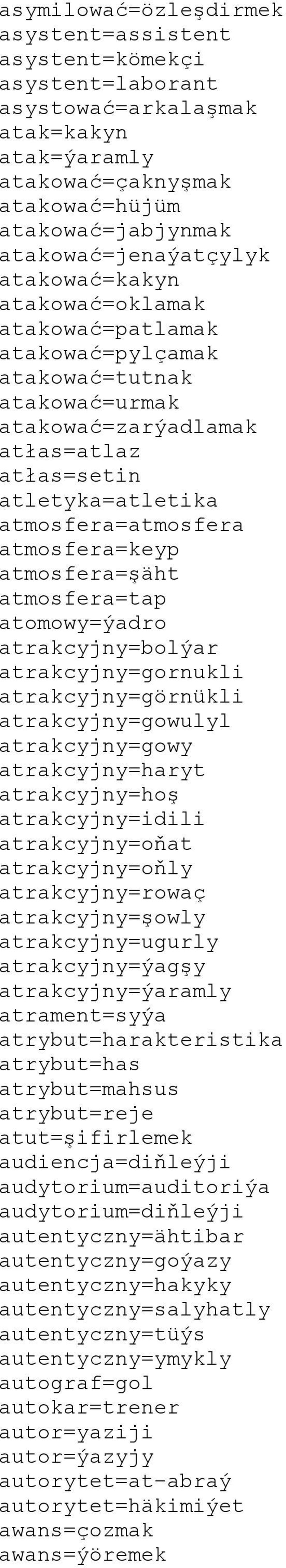 atmosfera=şäht atmosfera=tap atomowy=ýadro atrakcyjny=bolýar atrakcyjny=gornukli atrakcyjny=görnükli atrakcyjny=gowulyl atrakcyjny=gowy atrakcyjny=haryt atrakcyjny=hoş atrakcyjny=idili