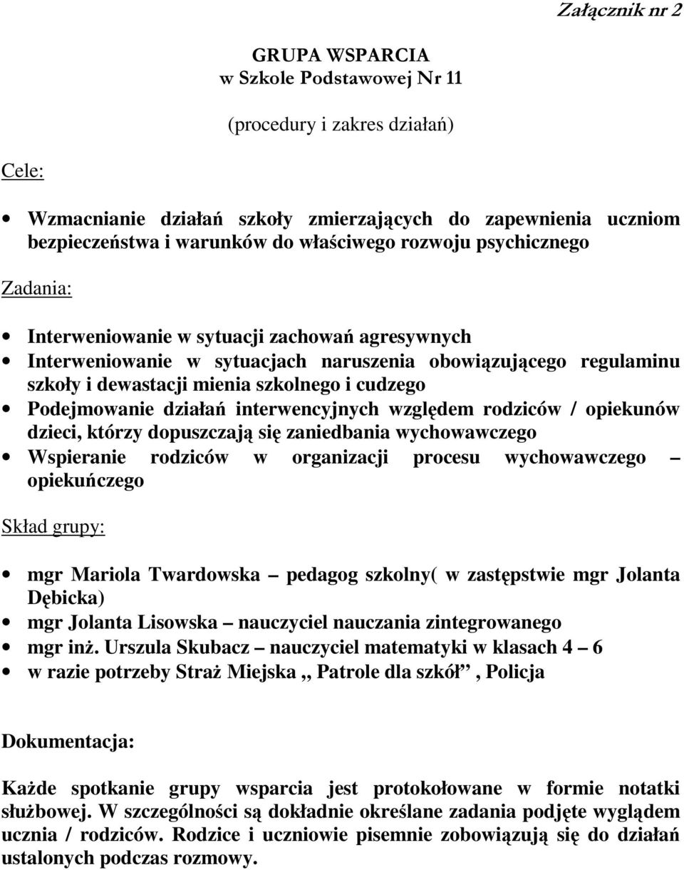 Podejmowanie działań interwencyjnych względem rodziców / opiekunów dzieci, którzy dopuszczają się zaniedbania wychowawczego Wspieranie rodziców w organizacji procesu wychowawczego opiekuńczego Skład