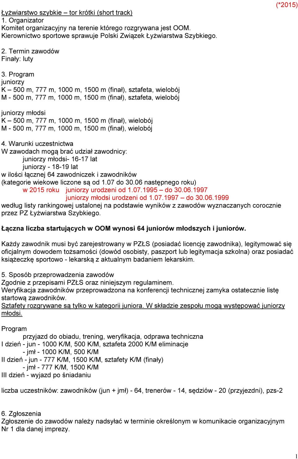 Program juniorzy K 500 m, 777 m, 1000 m, 1500 m (finał), sztafeta, wielobój M - 500 m, 777 m, 1000 m, 1500 m (finał), sztafeta, wielobój juniorzy młodsi K 500 m, 777 m, 1000 m, 1500 m (finał),