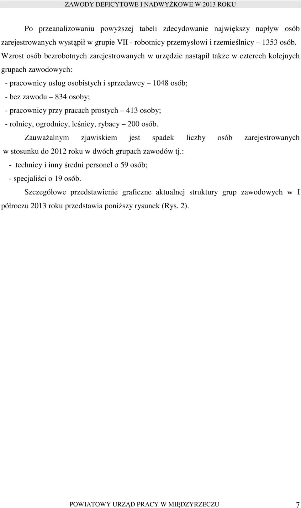 przy pracach prostych 413 osoby; - rolnicy, ogrodnicy, leśnicy, rybacy 200 osób. Zauważalnym zjawiskiem jest spadek liczby osób zarejestrowanych w stosunku do 2012 roku w dwóch grupach zawodów tj.