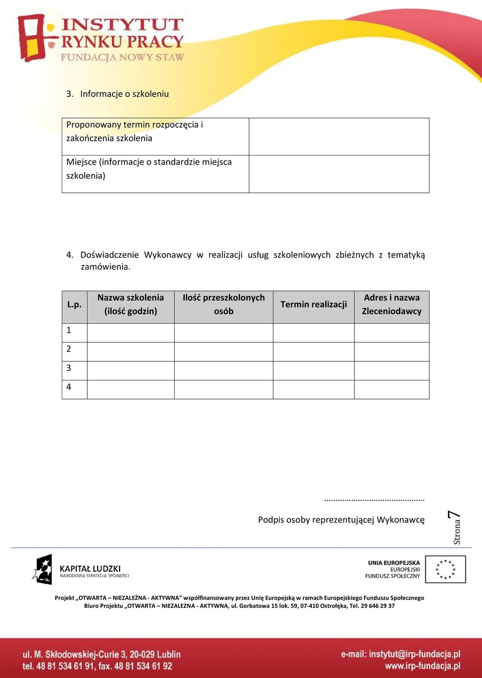 Doświadczenie Wykonawcy w realizacji usług szkoleniowych zbieżnych z tematyką zamówienia. L.p.