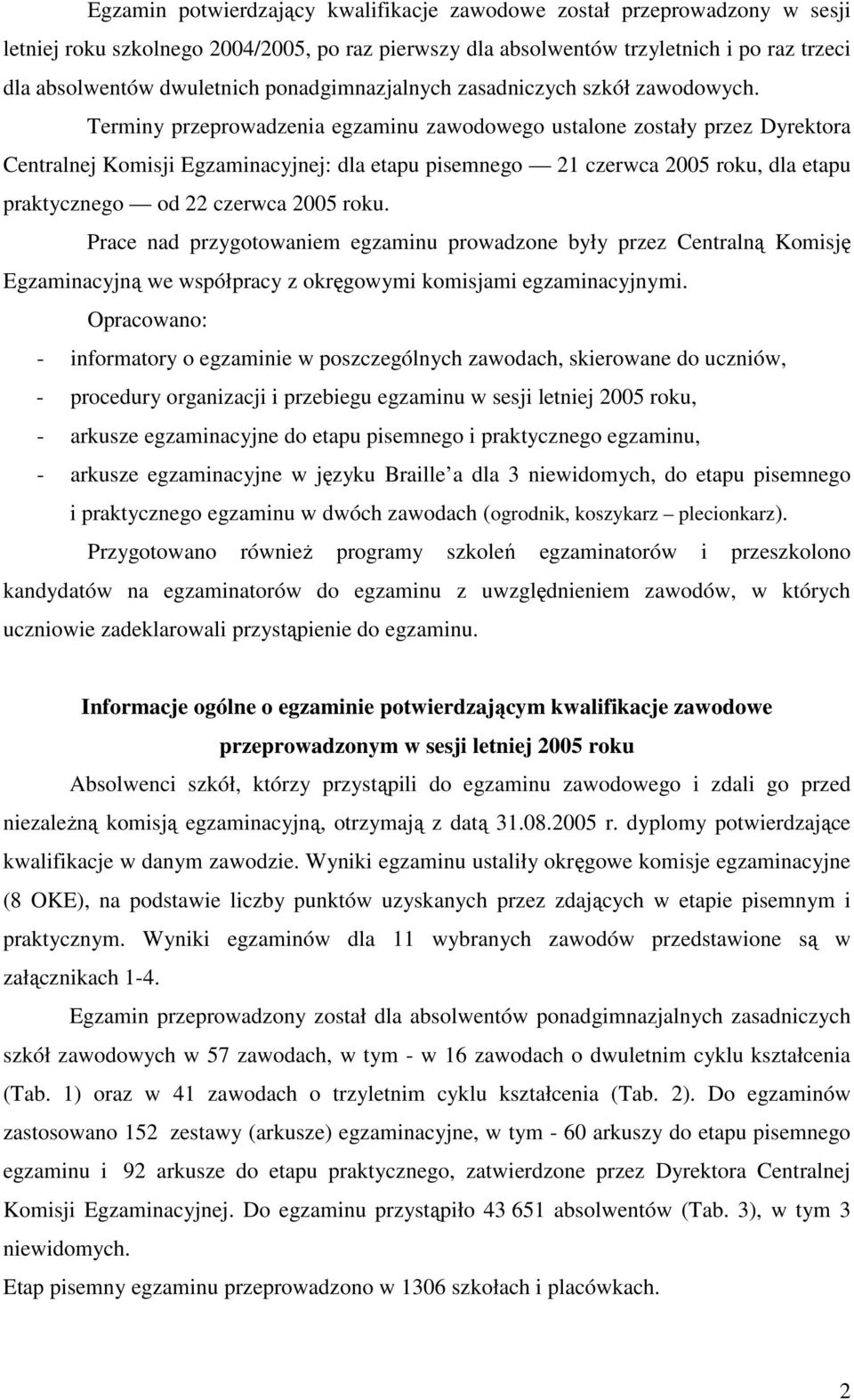 Terminy przeprowadzenia egzaminu zawodowego ustalone zostały przez Dyrektora Centralnej Komisji Egzaminacyjnej: dla etapu pisemnego 21 czerwca 2005 roku, dla etapu praktycznego od 22 czerwca 2005