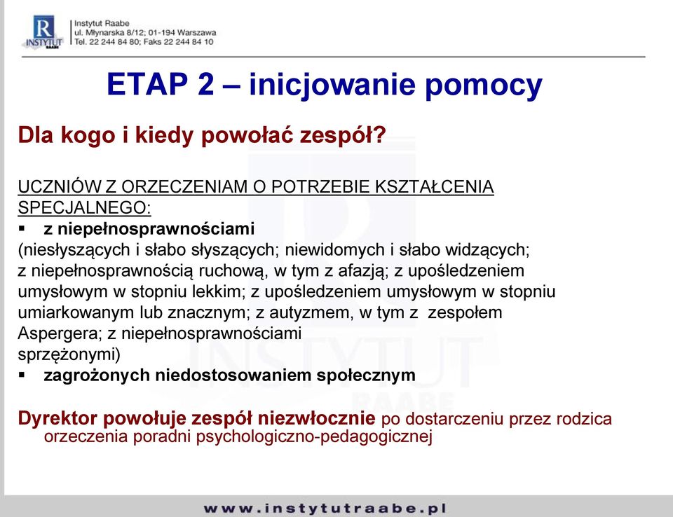 z niepełnosprawnością ruchową, w tym z afazją; z upośledzeniem umysłowym w stopniu lekkim; z upośledzeniem umysłowym w stopniu umiarkowanym lub