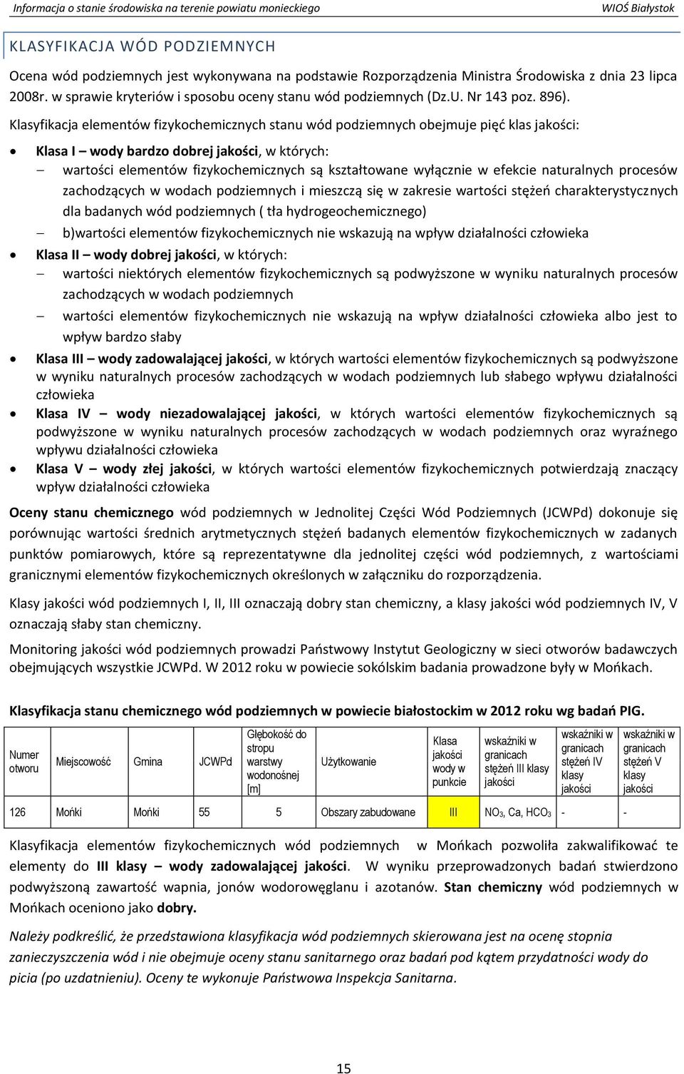 Klasyfikacja elementów fizykochemicznych stanu wód podziemnych obejmuje pięć klas jakości: Klasa I wody bardzo dobrej jakości, w których: wartości elementów fizykochemicznych są kształtowane