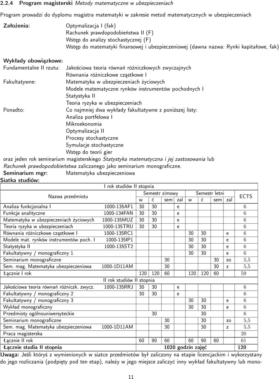 Jako±ciowa teoria równa«ró»niczkowych zwyczajnych Równania ró»niczkowe cz stkowe I Fakultatywne: Matematyka w ubezpieczeniach»yciowych Modele matematyczne rynków instrumentów pochodnych I Statystyka