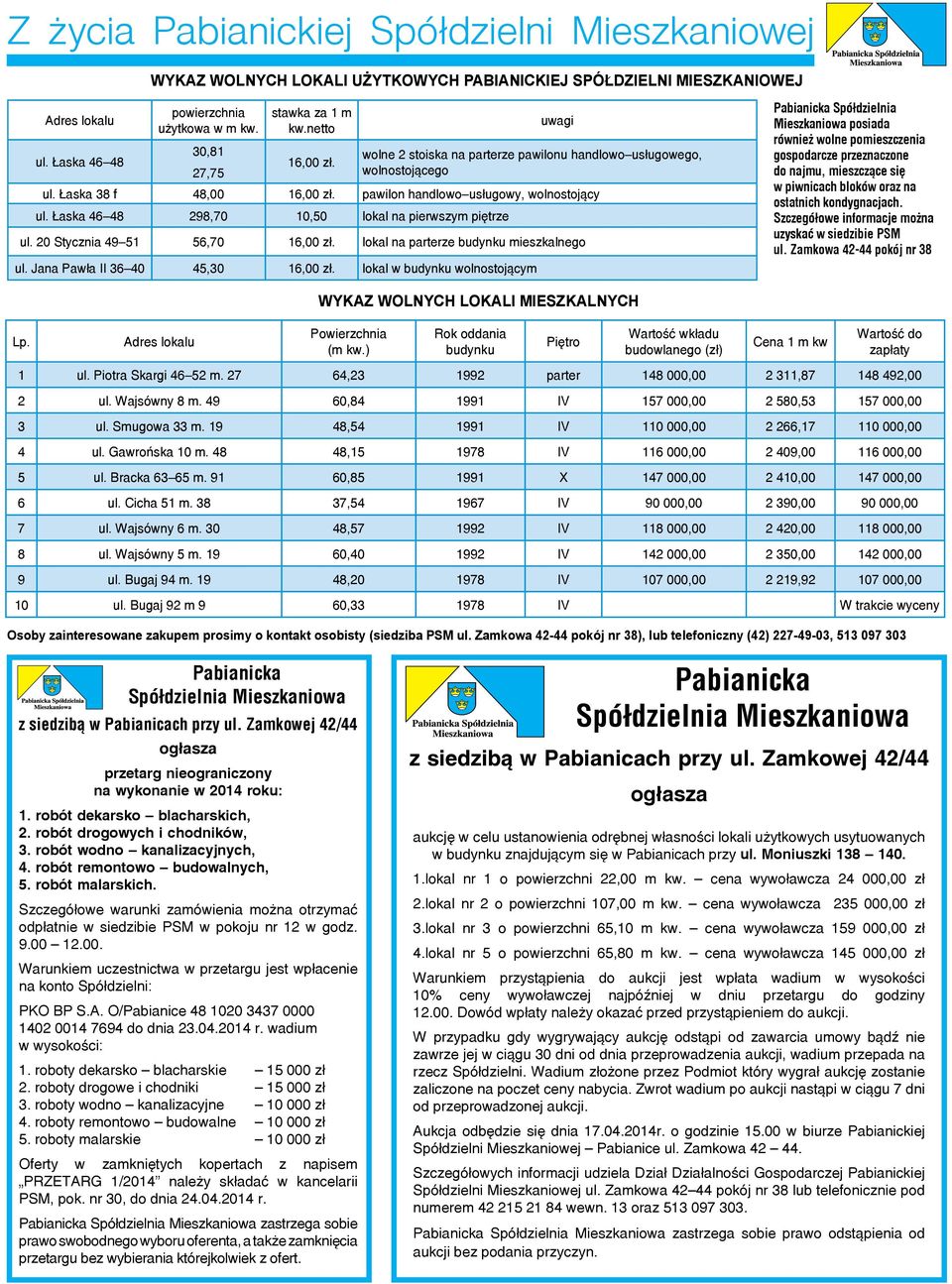 Łaska 46 48 298,70 10,50 lokal na pierwszym piętrze uwagi ul. 20 Stycznia 49 51 56,70 16,00 zł. lokal na parterze budynku mieszkalnego ul. Jana Pawła II 36 40 45,30 16,00 zł.