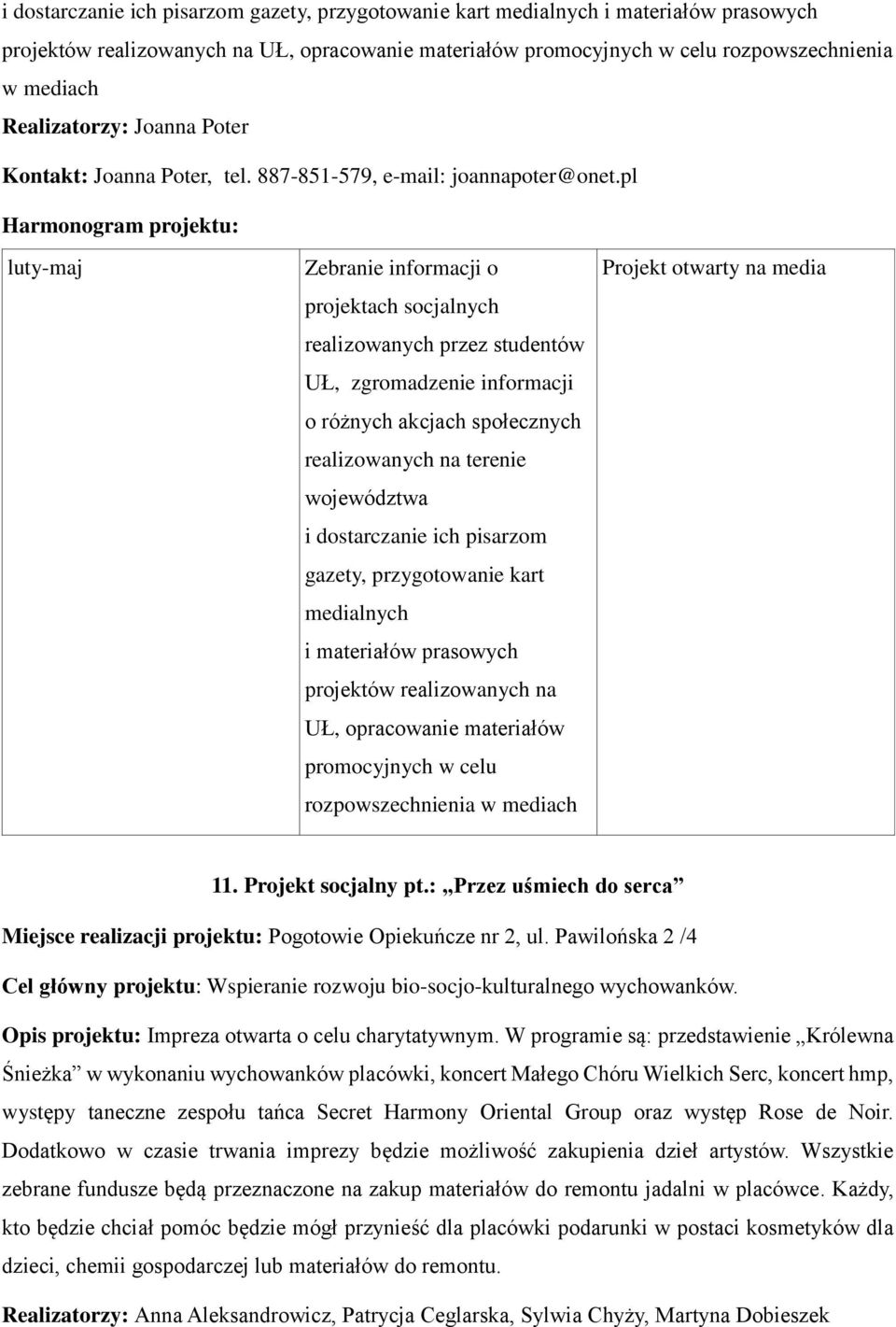 pl luty-maj Zebranie informacji o projektach socjalnych realizowanych przez studentów UŁ, zgromadzenie informacji o różnych akcjach społecznych realizowanych na terenie województwa  Projekt otwarty