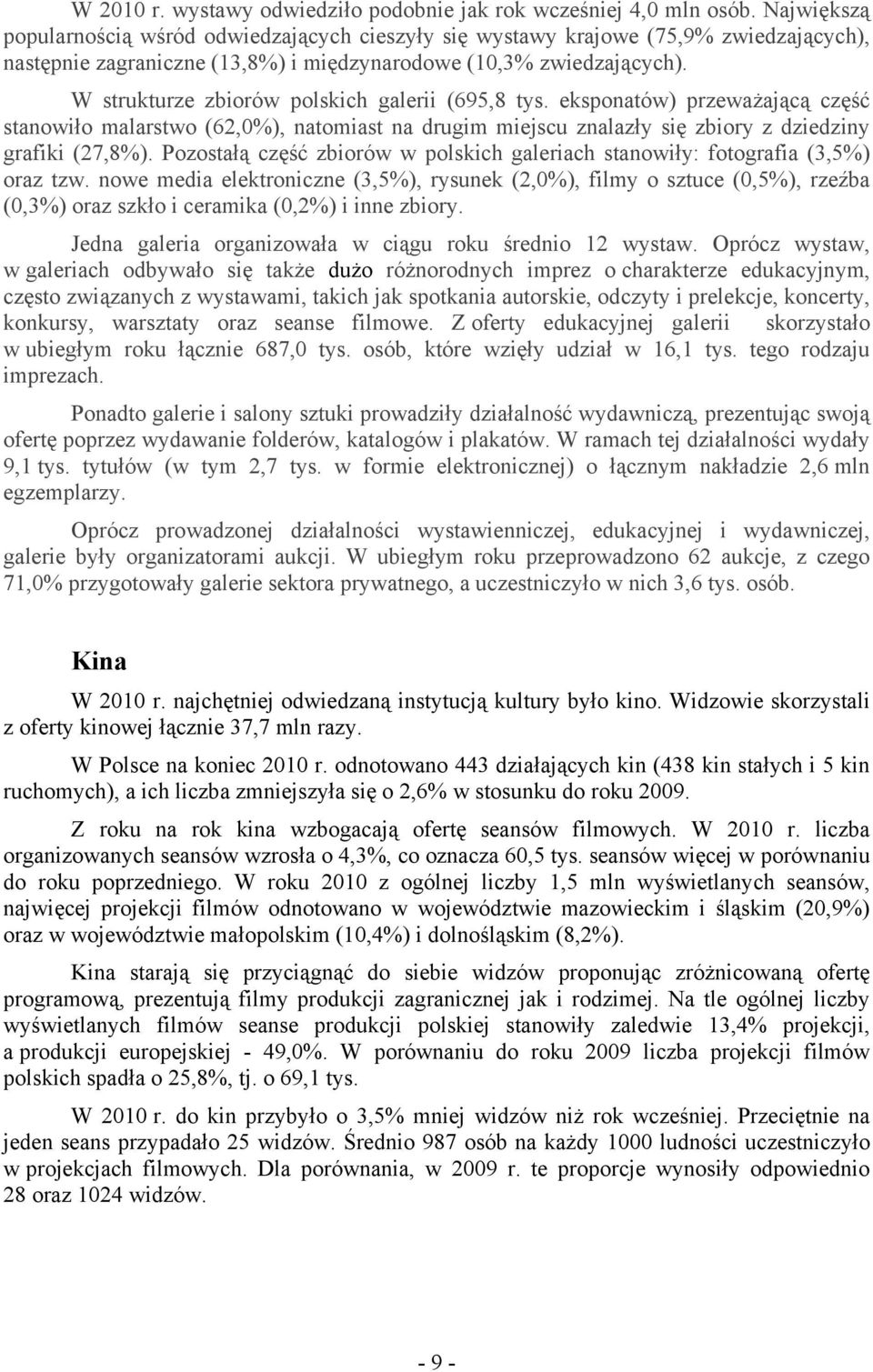 W strukturze zbiorów polskich galerii (695,8 tys. eksponatów) przeważającą część stanowiło malarstwo (62,0%), natomiast na drugim miejscu znalazły się zbiory z dziedziny grafiki (27,8%).