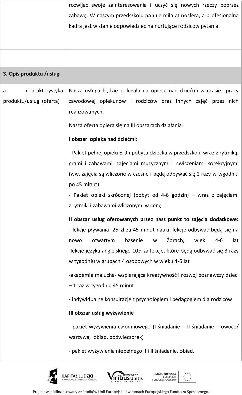 charakterystyka produktu/usługi (oferta) Nasza usługa będzie polegała na opiece nad dziećmi w czasie pracy zawodowej opiekunów i rodziców oraz innych zajęć przez nich realizowanych.