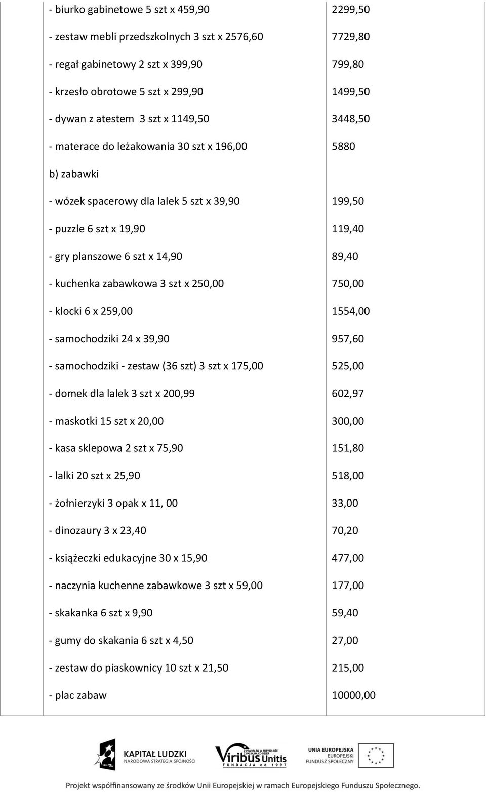 3 szt x 250,00 - klocki 6 x 259,00 - samochodziki 24 x 39,90 - samochodziki - zestaw (36 szt) 3 szt x 175,00 - domek dla lalek 3 szt x 200,99 - maskotki 15 szt x 20,00 - kasa sklepowa 2 szt x 75,90 -