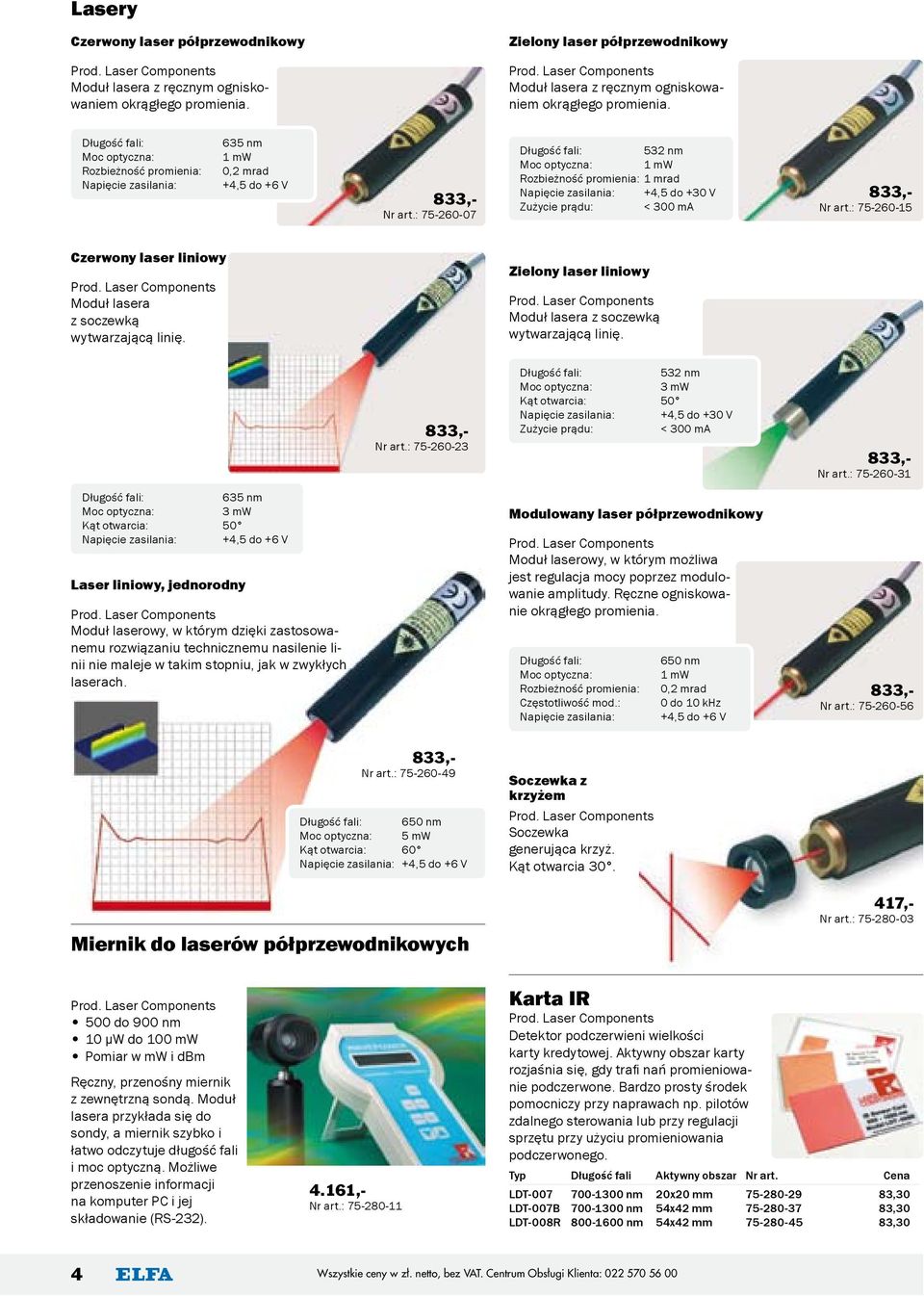 : 75-260-07 Długość fali: 532 nm Moc optyczna: 1 mw Rozbieżność promienia: 1 mrad Napięcie zasilania: +4,5 do +30 V Zużycie prądu: < 300 ma 833,- Nr art.: 75-260-15 Czerwony laser liniowy Prod.