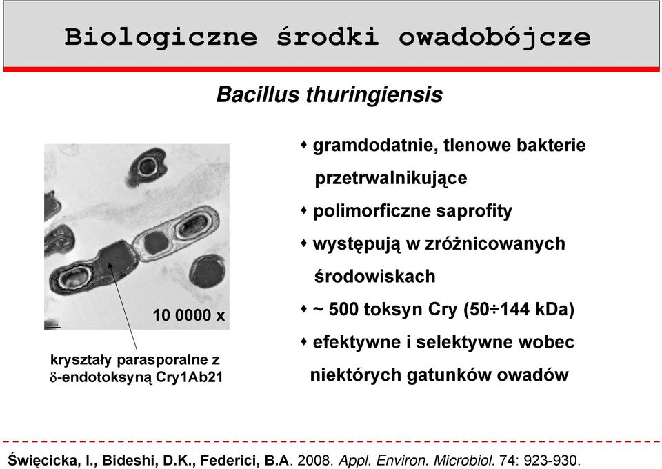 kryształy parasporalne z -endotoksyną Cry1Ab21 ~ 500 toksyn Cry (50 144 kda) efektywne i selektywne