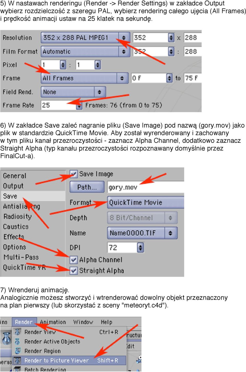 Aby został wyrenderowany i zachowany w tym pliku kanał przezroczystości - zaznacz Alpha Channel, dodatkowo zaznacz Straight Alpha (typ kanału przezroczystości