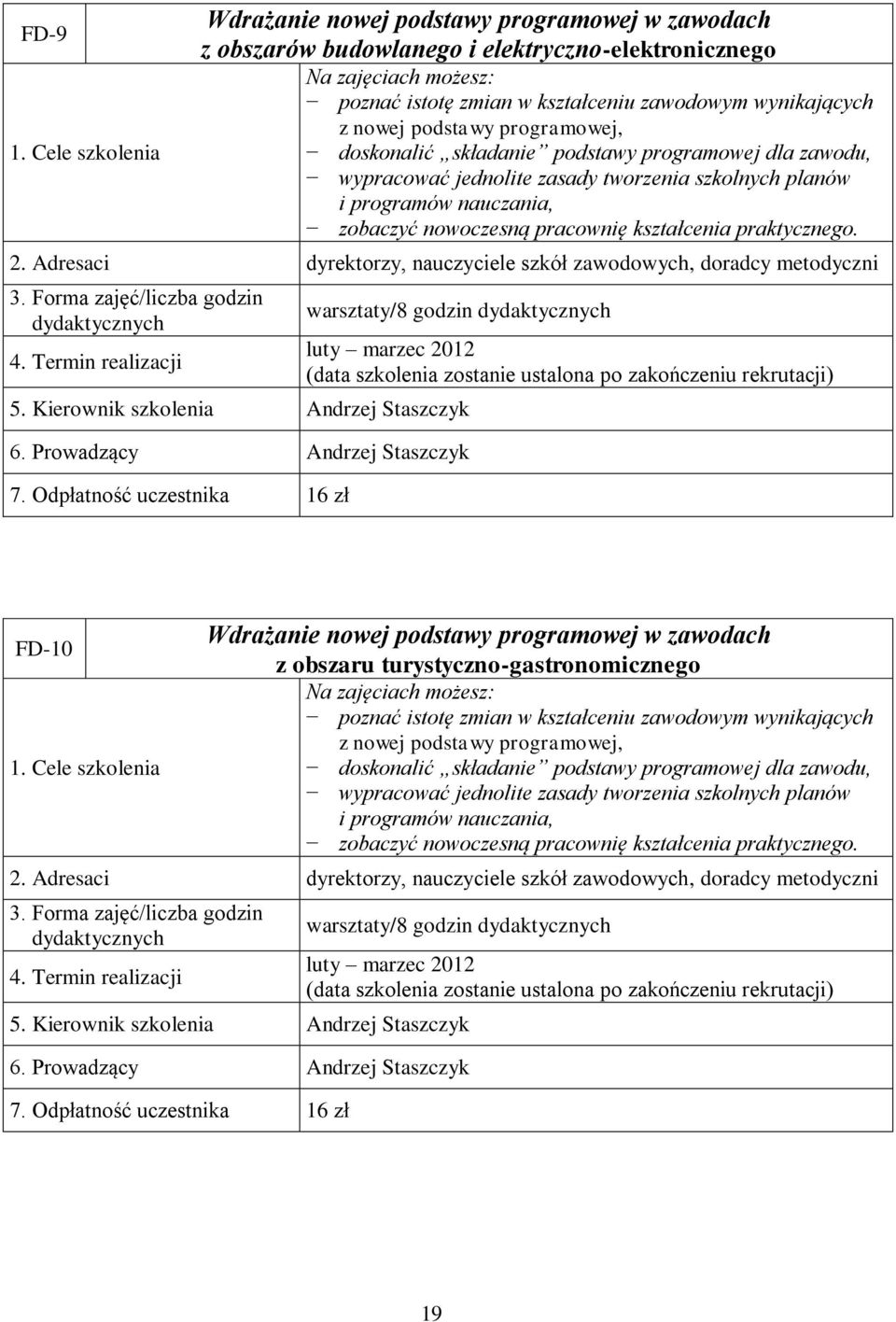 dyrektorzy, nauczyciele szkół zawodowych, doradcy metodyczni warsztaty/8 godzin 5. Kierownik szkolenia Andrzej Staszczyk 6. Prowadzący Andrzej Staszczyk 7.