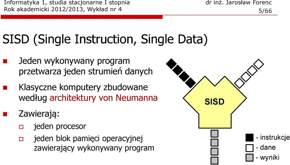 komputery zbudowane według architektury von Neumanna Zawierają: jeden procesor