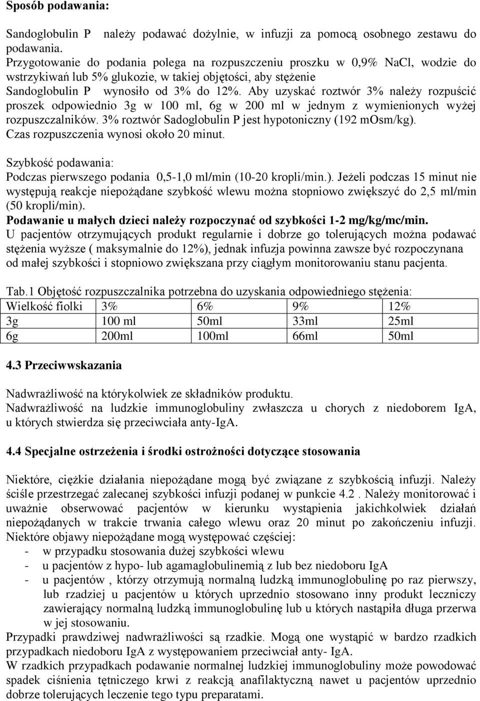 Aby uzyskać roztwór 3% należy rozpuścić proszek odpowiednio 3g w 100 ml, 6g w 200 ml w jednym z wymienionych wyżej rozpuszczalników. 3% roztwór Sadoglobulin P jest hypotoniczny (192 mosm/kg).