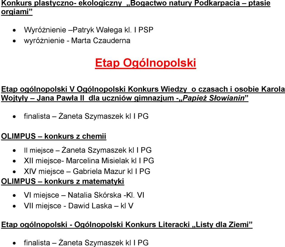 gimnazjum - Papież Słowianin finalista Żaneta Szymaszek kl I PG OLIMPUS konkurs z chemii II miejsce Żaneta Szymaszek kl I PG XII miejsce- Marcelina Misielak kl I PG