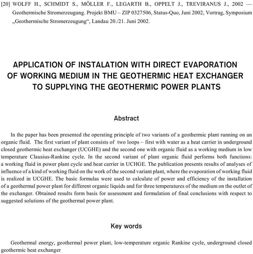 Vortrag, Symposium Geothermische Stromerzeugung, Landau 20./21. Juni 2002.