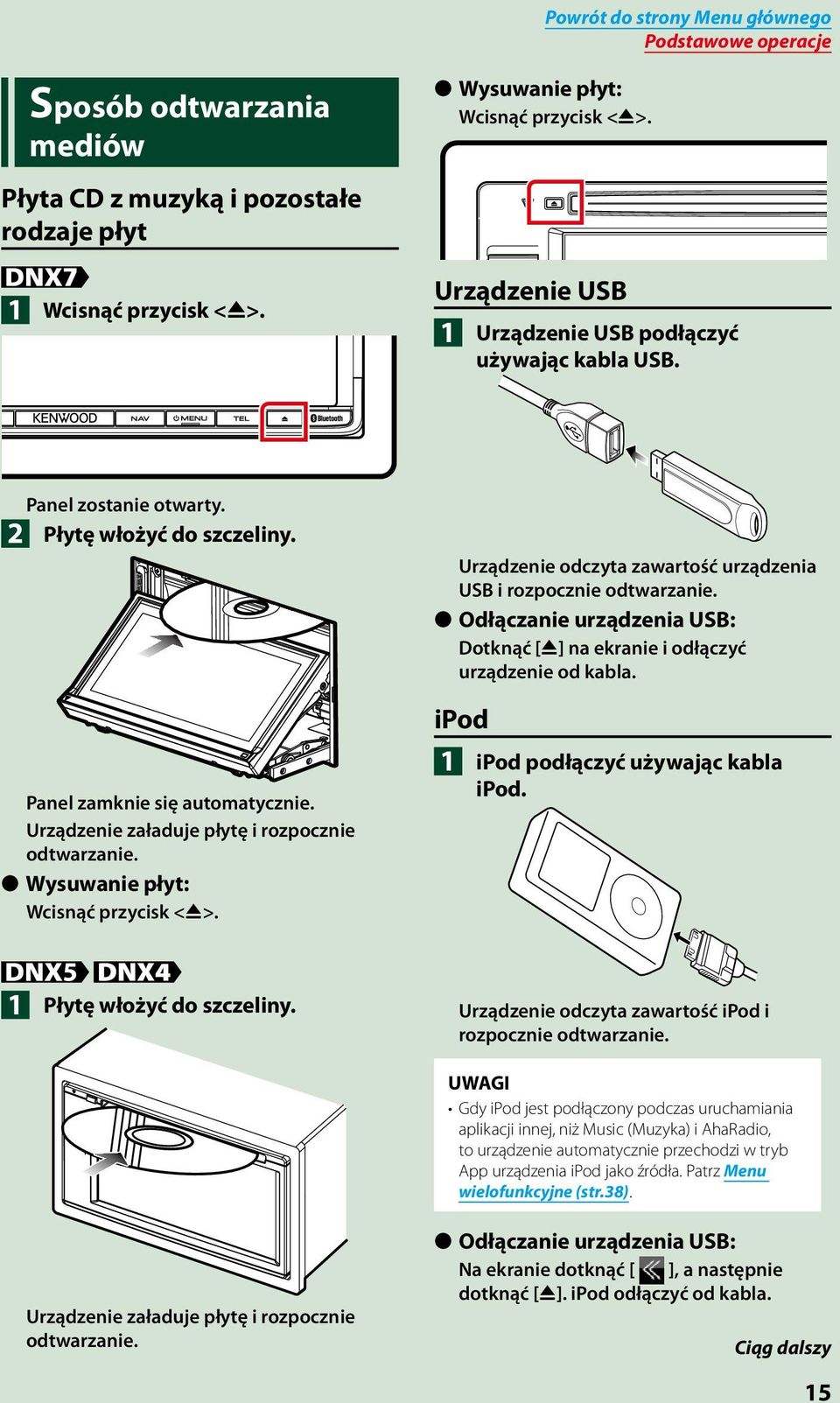 Wysuwanie płyt: Wcisnąć przycisk <0>. Urządzenie odczyta zawartość urządzenia USB i rozpocznie odtwarzanie. Odłączanie urządzenia USB: Dotknąć [0] na ekranie i odłączyć urządzenie od kabla.