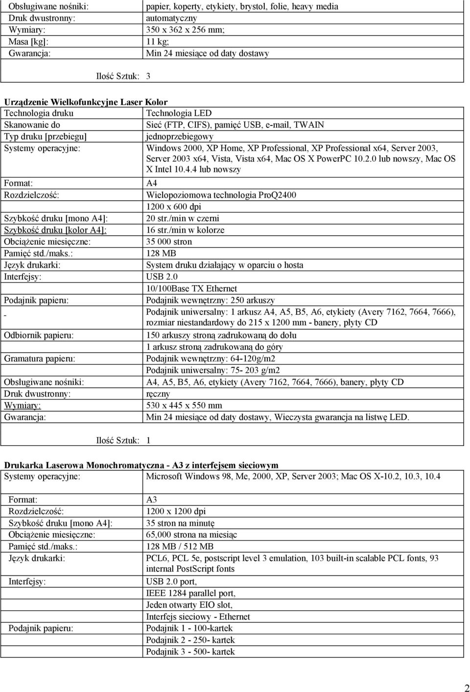 2000, XP Home, XP Professional, XP Professional x64, Server 2003, Server 2003 x64, Vista, Vista x64, Mac OS X PowerPC 10.2.0 lub nowszy, Mac OS X Intel 10.4.4 lub nowszy Format: A4 Rozdzielczość: Wielopoziomowa technologia ProQ2400 1200 x 600 dpi Szybkość druku [mono A4]: 20 str.