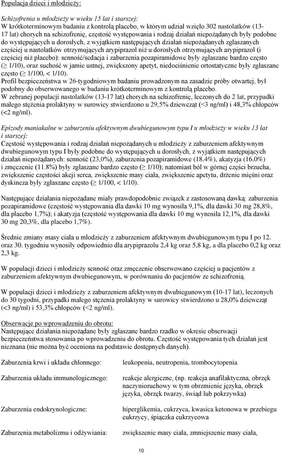 otrzymujących arypiprazol niż u dorosłych otrzymujących arypiprazol (i częściej niż placebo): senność/sedacja i zaburzenia pozapiramidowe były zgłaszane bardzo często ( 1/10), oraz suchość w jamie