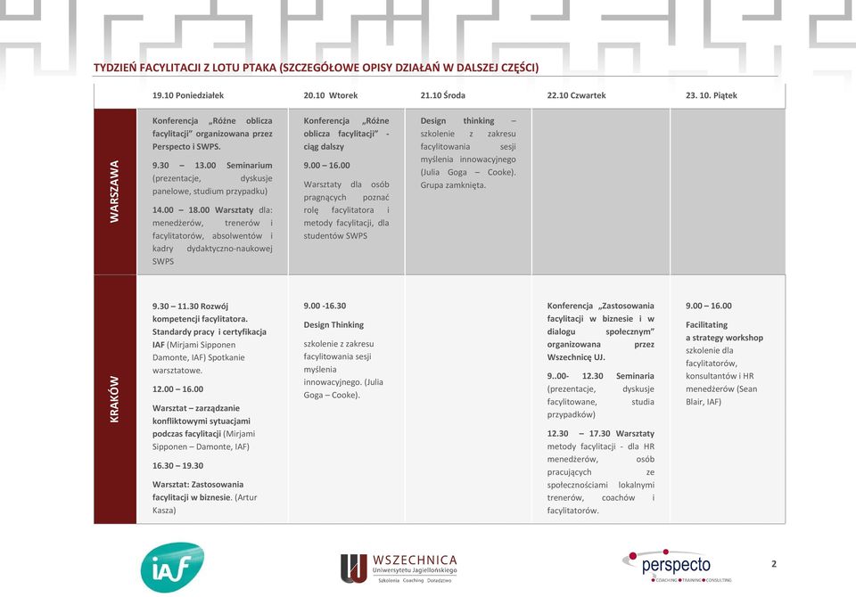 00 Warsztaty dla: menedżerów, trenerów i facylitatorów, absolwentów i kadry dydaktyczno-naukowej SWPS Konferencja Różne oblicza facylitacji - ciąg dalszy 9.00 16.