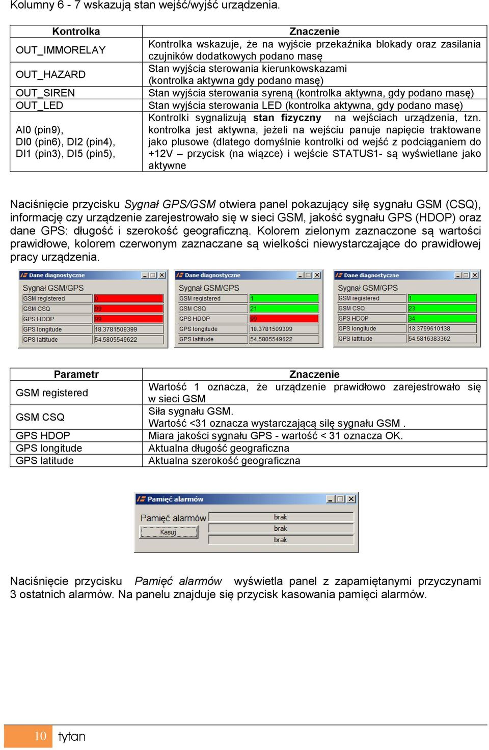 czujników dodatkowych podano masę Stan wyjścia sterowania kierunkowskazami (kontrolka aktywna gdy podano masę) Stan wyjścia sterowania syreną (kontrolka aktywna, gdy podano masę) Stan wyjścia