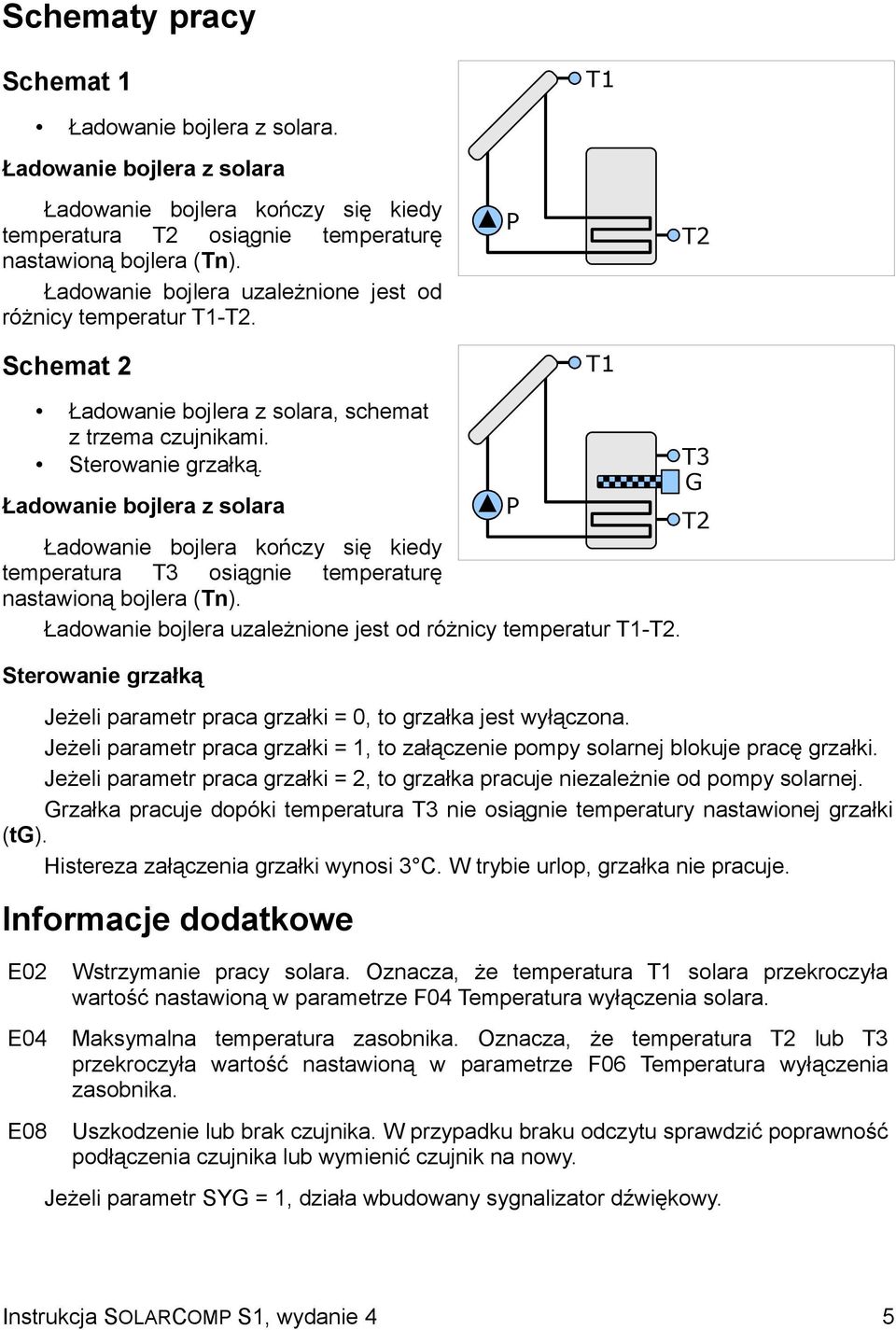 Ładowanie bojlera z solara T2 Ładowanie bojlera kończy się kiedy temperatura T3 osiągnie temperaturę nastawioną bojlera (Tn). Ładowanie bojlera uzależnione jest od różnicy temperatur T1-T2.