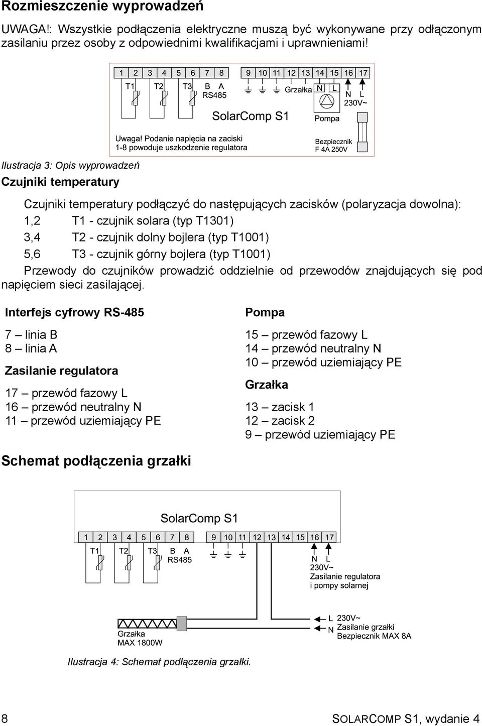 (typ T1001) 5,6 T3 - czujnik górny bojlera (typ T1001) Przewody do czujników prowadzić oddzielnie od przewodów znajdujących się pod napięciem sieci zasilającej.