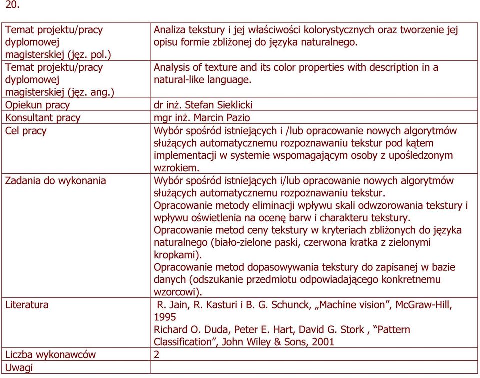 Marcin Pazio Wybór spośród istniejących i /lub opracowanie nowych algorytmów służących automatycznemu rozpoznawaniu tekstur pod kątem implementacji w systemie wspomagającym osoby z upośledzonym