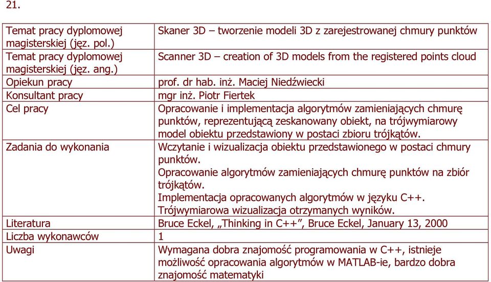 Piotr Fiertek Opracowanie i implementacja algorytmów zamieniających chmurę punktów, reprezentującą zeskanowany obiekt, na trójwymiarowy model obiektu przedstawiony w postaci zbioru trójkątów.