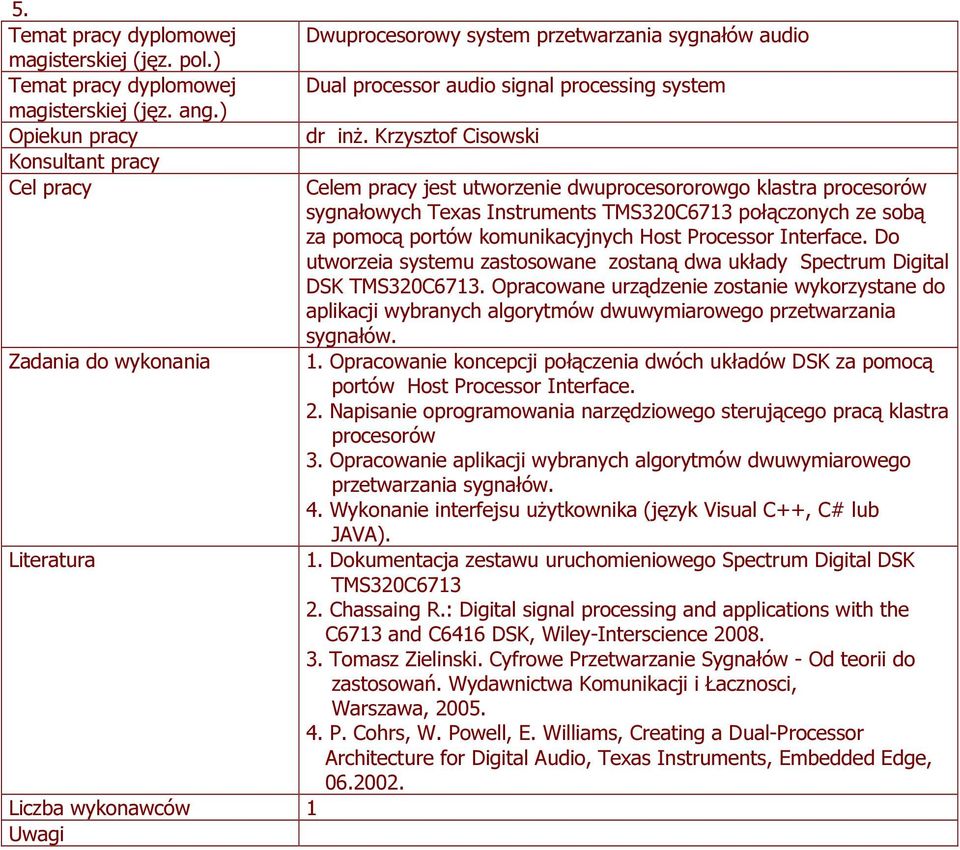 Interface. Do utworzeia systemu zastosowane zostaną dwa układy Spectrum Digital DSK TMS320C6713.