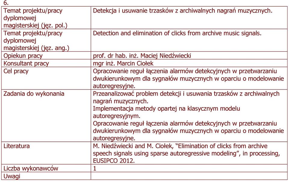 Przeanalizować problem detekcji i usuwania trzasków z archiwalnych nagrań muzycznych. Implementacja metody opartej na klasycznym modelu autoregresyjnym.