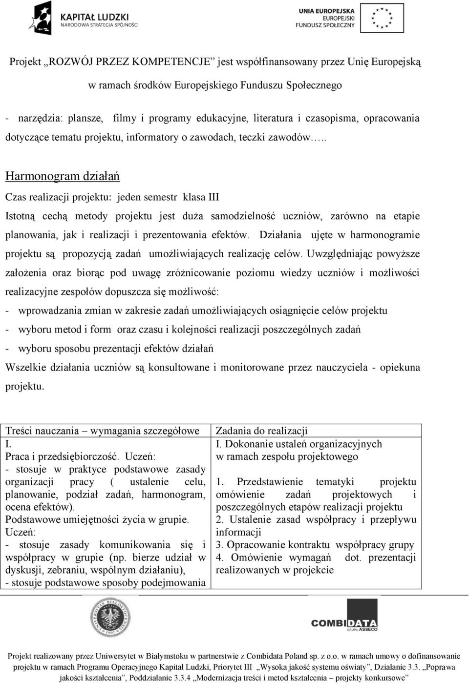 efektów. Działania ujęte w harmonogramie projektu są propozycją zadań umożliwiających realizację celów.