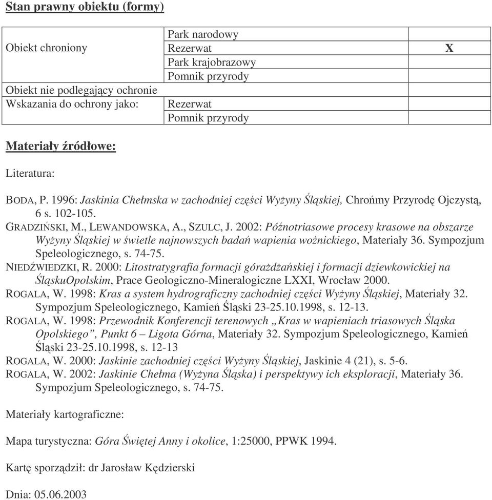 2002: Pónotriasowe procesy krasowe na obszarze Wyyny lskiej w wietle najnowszych bada wapienia wonickiego, Materiały 36. Sympozjum Speleologicznego, s. 74-75. NIEDWIEDZKI, R.