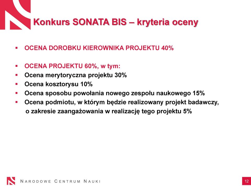 sposobu powołania nowego zespołu naukowego 15% Ocena podmiotu, w którym będzie