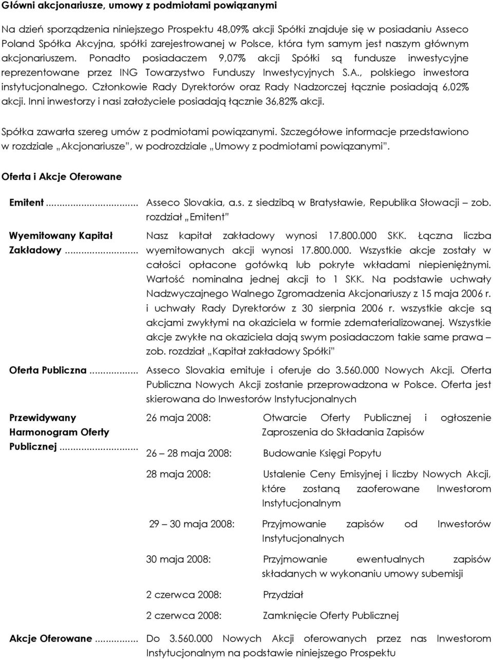 , polskiego inwestora instytucjonalnego. Członkowie Rady Dyrektorów oraz Rady Nadzorczej łącznie posiadają 6,02% akcji. Inni inwestorzy i nasi załoŝyciele posiadają łącznie 36,82% akcji.