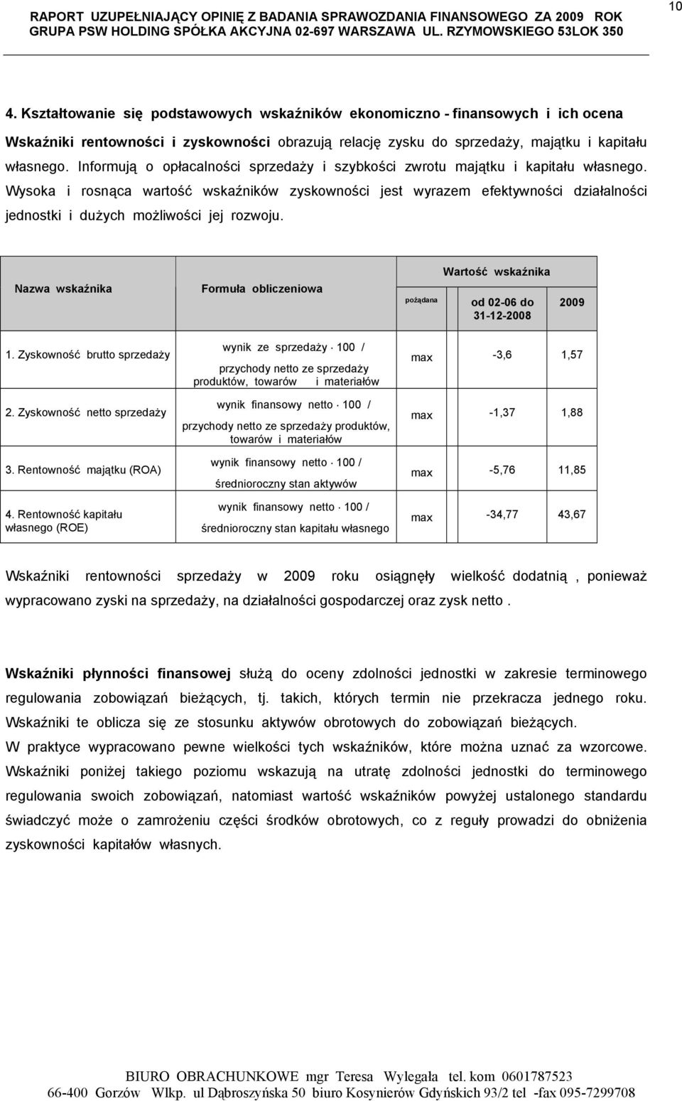 Wysoka i rosnąca wartość wskaźników zyskowności jest wyrazem efektywności działalności jednostki i dużych możliwości jej rozwoju.