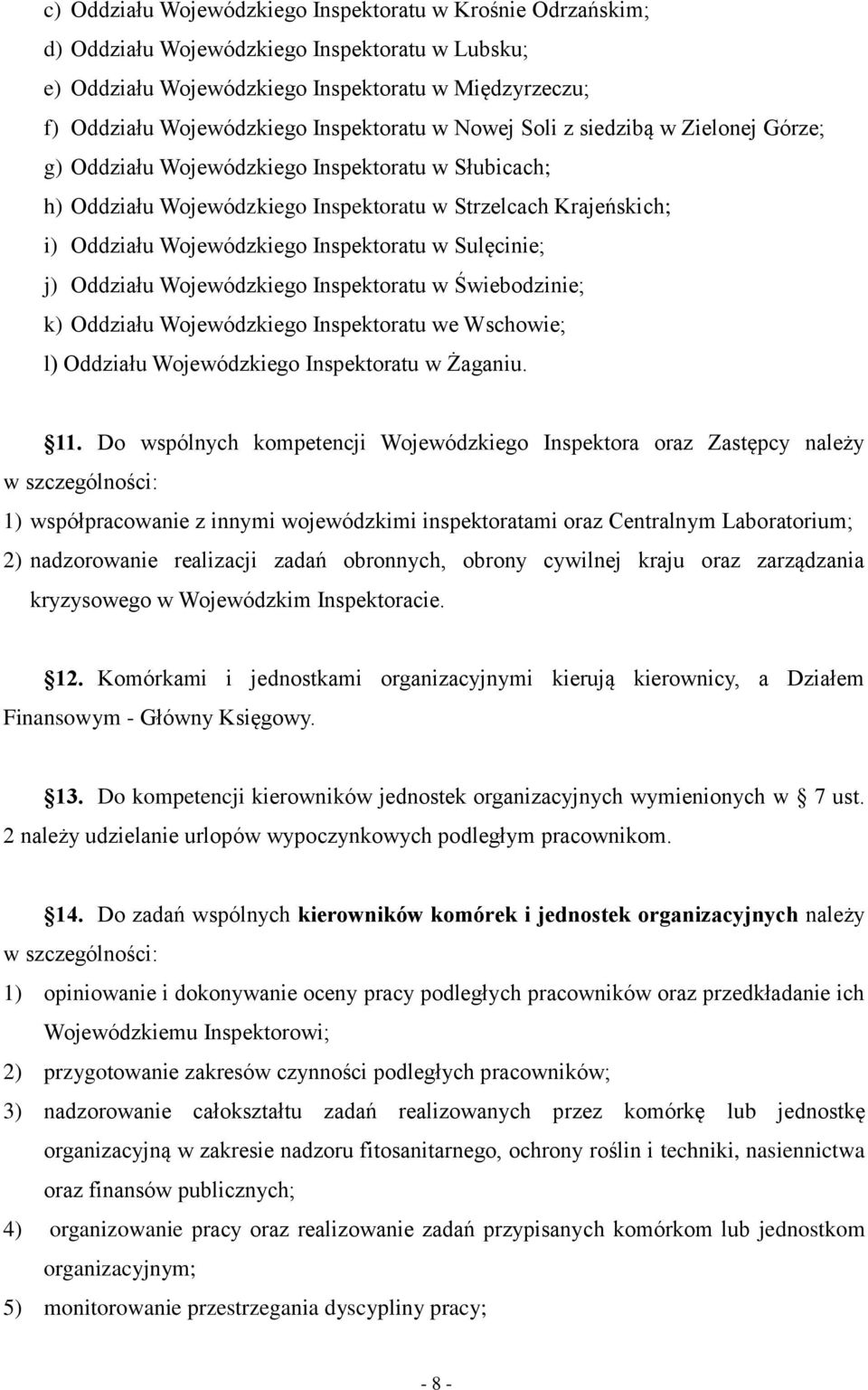 Inspektoratu w Sulęcinie; j) Oddziału Wojewódzkiego Inspektoratu w Świebodzinie; k) Oddziału Wojewódzkiego Inspektoratu we Wschowie; l) Oddziału Wojewódzkiego Inspektoratu w Żaganiu. 11.