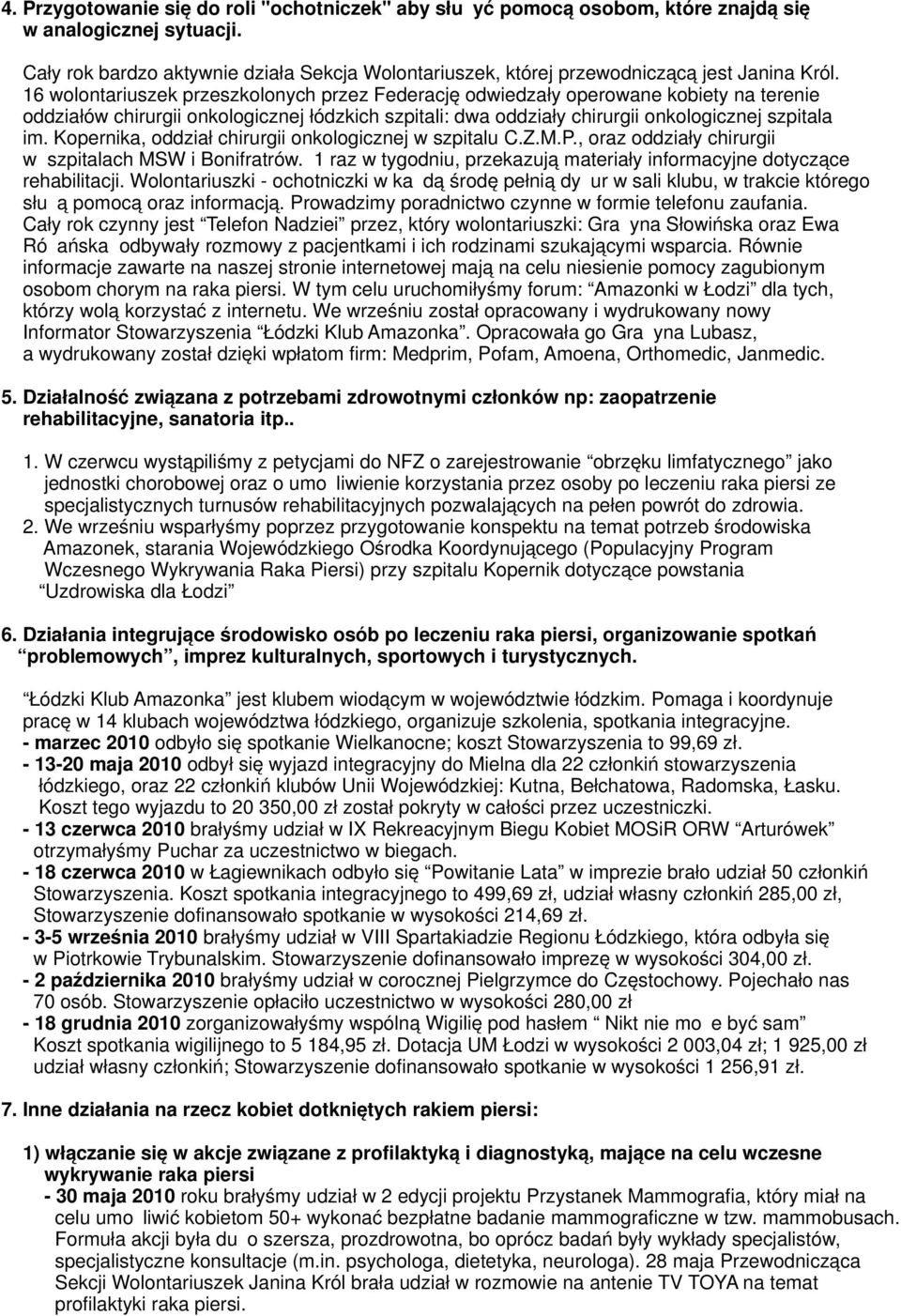 16 wolontariuszek przeszkolonych przez Federację odwiedzały operowane kobiety na terenie oddziałów chirurgii onkologicznej łódzkich szpitali: dwa oddziały chirurgii onkologicznej szpitala im.